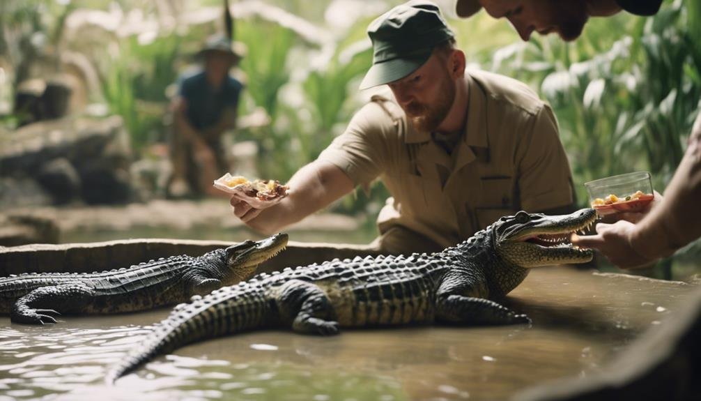 feeding crocodiles at zoo
